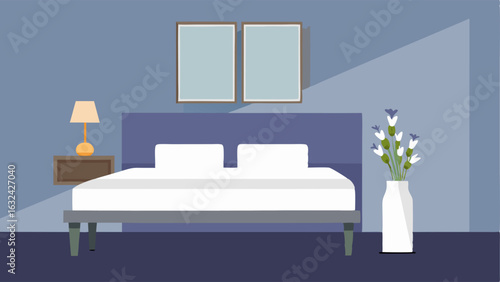A minimalist guest room with a low platform bed white linens and a small side table with a simple vase of flowers.