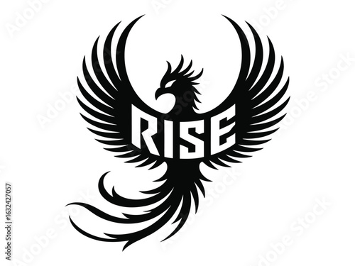 Mythical phoenix bird symbol with the word RISE on its body. A powerful graphic illustration of a majestic firebird representing rebirth, strength, and new beginnings.