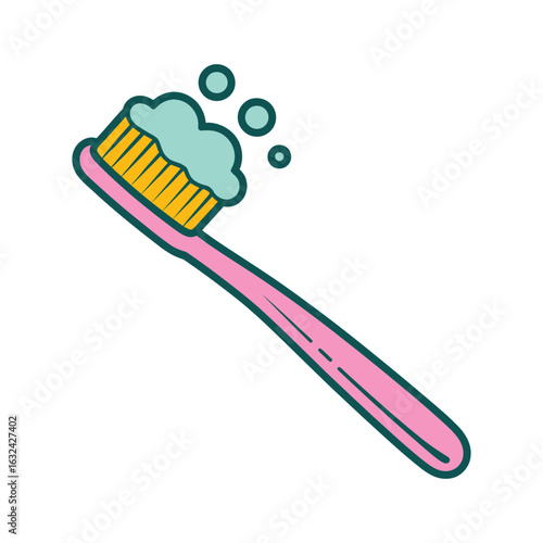 Pink toothbrush with blue toothpaste and bubbles