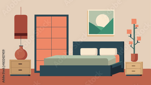 A minimalistic bedroom with a platform bed and a low dresser accented with a bamboo plant and a Japanese paper lantern.
