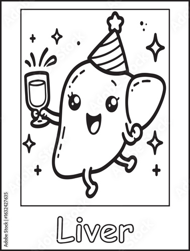 Printable coloring page for kids and adults: Human body anatomy: body parts to color: Kawaii liver