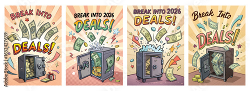 Set of four posters featuring comic-style safes bursting with money and vibrant financial success visuals