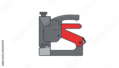 Flat vector illustration of a red and grey staple gun. A heavy-duty hand tool for construction, upholstery, and DIY projects.