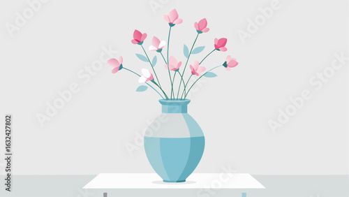 A light blue ceramic vase filled with delicate pink flowers on a white side table.