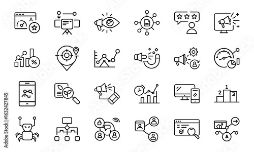 24 SEO and Digital Marketing Line Icons – Analytics, Social Media, Automation, Mobile Ads, Global Marketing, Search Optimization Vector Icon Set for Websites, Apps & Online Business Projects