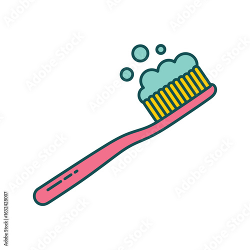 Pink toothbrush with blue toothpaste and bubbles