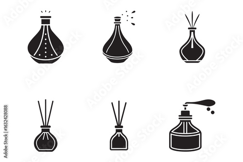 Aromatic Diffuser Set Vector Icons for Home Fragrance Elegant Home Decor and Wellness Products Black and White Illustration
