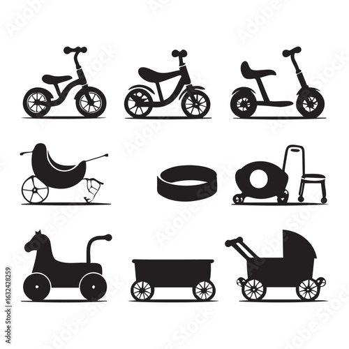 Vector art of set of black silhouette icons representing various childrens transportation toys like bicycles, scooters, strollers, and wagons, isolated on white background