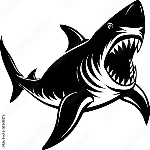 Aggressive shark illustration with sharp teeth and fins