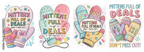 Set of four posters featuring cheerful mittens with unique patterns and pastel colors promoting deals