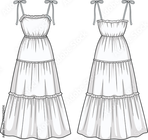 Tiered maxi dress illustration, spaghetti straps, ruffled neckline, elastic waist, fashion sketch, garment design, sewing pattern, clothing template