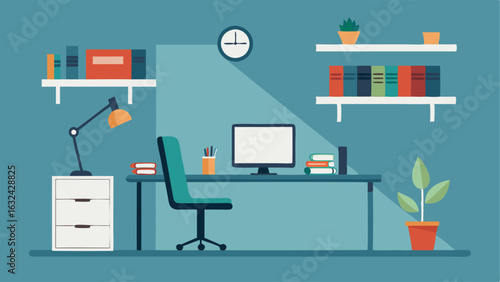 A minimalist home office with a wallmounted desk floating shelves and a comfortable ergonomic chair.