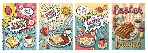 Set of four posters featuring vibrant pop-art Easter brunch with breakfast items and cheerful designs