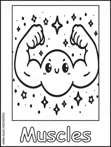 Printable coloring page for kids and adults: Human body anatomy: body parts to color: Kawaii muscles