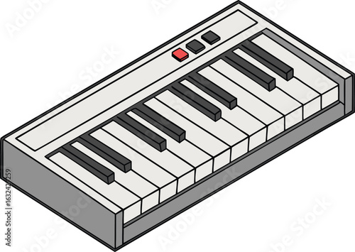 A stylized, isometric graphic of a small synthesizer keyboard.