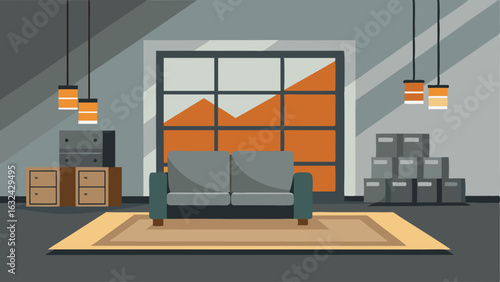A living room with warehousestyle windows a gy rug and a statement piece of artwork made from reclaimed industrial materials.