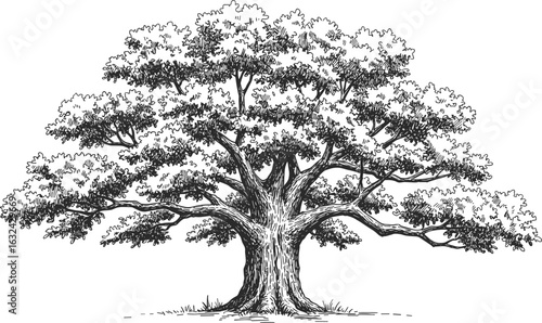 Vintage hand-drawn oak tree illustration, detailed forest botanical sketch, nature engraving art, realistic old tree drawing, landscape vector