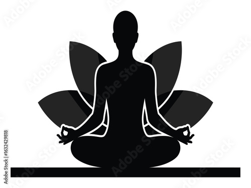 Silhouette of a person in lotus yoga pose for meditation and spiritual wellness. Vector icon of mindful practice.