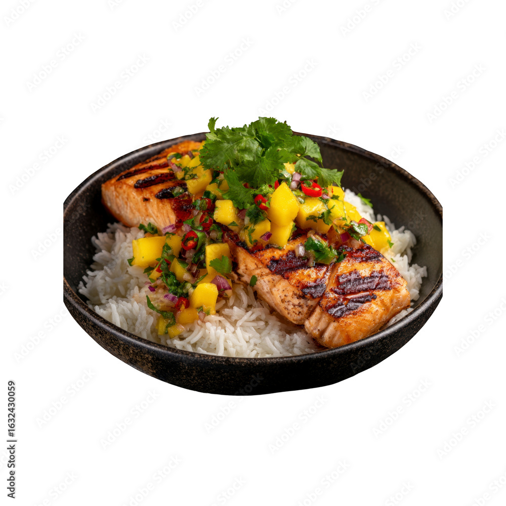 Fototapeta premium Grilled Salmon with Mango Salsa and Rice in a Dark Bowl