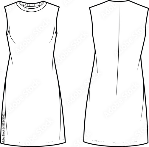 Sleeveless crew neck straight dress technical fashion flat, front and back view, vector cad drawing, apparel design template illustration
