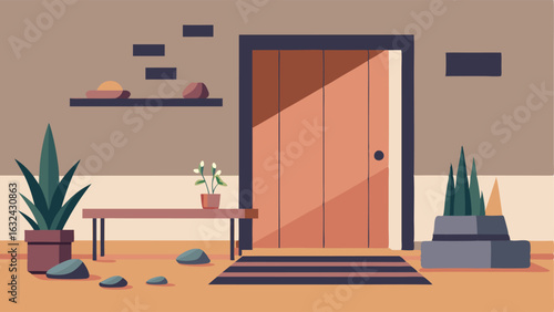A minimalistic entryway with a bench a shoe rack and a small rock garden by the doorway.