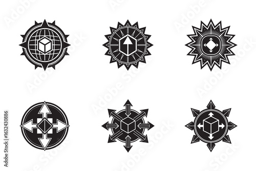 Collection of abstract geometric logo designs featuring arrows and cubes representing navigation exploration and direction perfect for branding or informational graphics