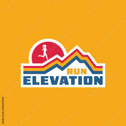 silhouette of woman running and elevation jogging logo with mountain vector illustration