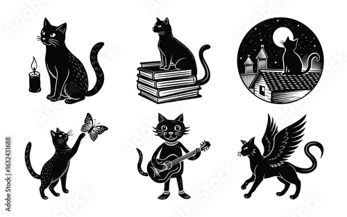 Whimsical black cat illustrations with mystical and playful themes