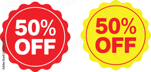 Two Sale Discount 50 Percent Off Badges Red and Yellow offer percentage