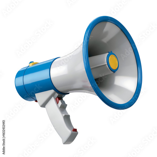 Blue and white megaphone isolated on transparent background, symbolizing communication, announcements, and marketing campaigns