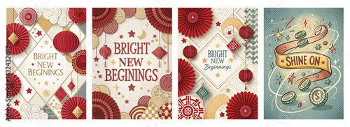 Set of four posters featuring artistic greeting cards with red gold and blue designs for inspiration