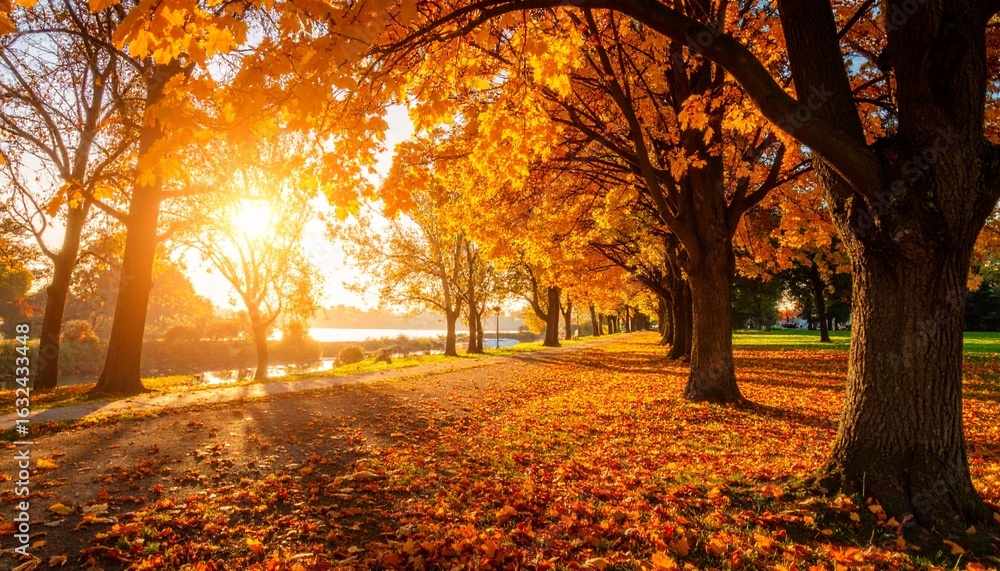 Fototapeta premium 秋のイメージ 紅葉の木々が生える公園、広場