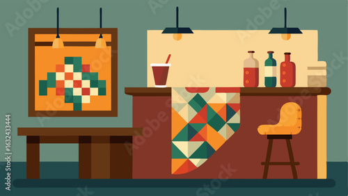 A home bar with a handstitched quilt hanging on the wall adding a cozy and homey atmosphere to the space.