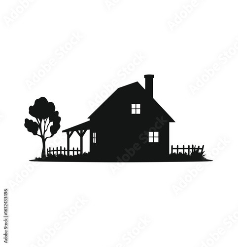 Vector art of silhouette of a rural house with tree isolated on white background