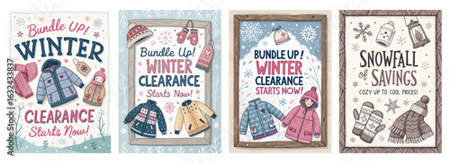 Set of four winter-themed posters with warm clothing illustrations and snowy backgrounds