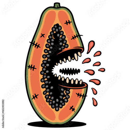Papaya fruit with sharp teeth, cut open to reveal a terrifying interior, 
