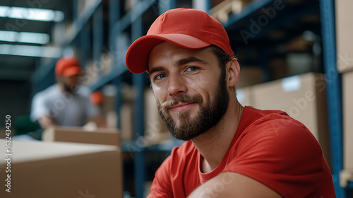 Warehouse employee smiling distribution center portrait photo industrial setting upbeat mood hard work and team spirit