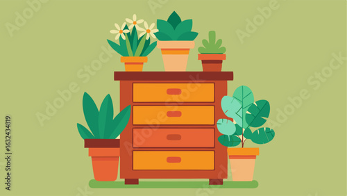 An old chest of drawers transformed into a plant stand with overflowing pots of flowers and succulents.