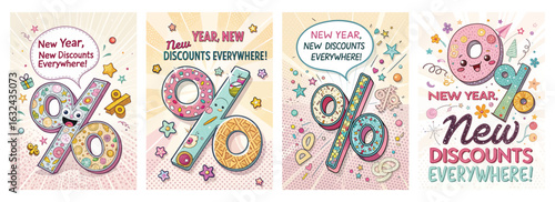 Set of four festive posters with colorful percentage symbols and decorations for New Year's discounts