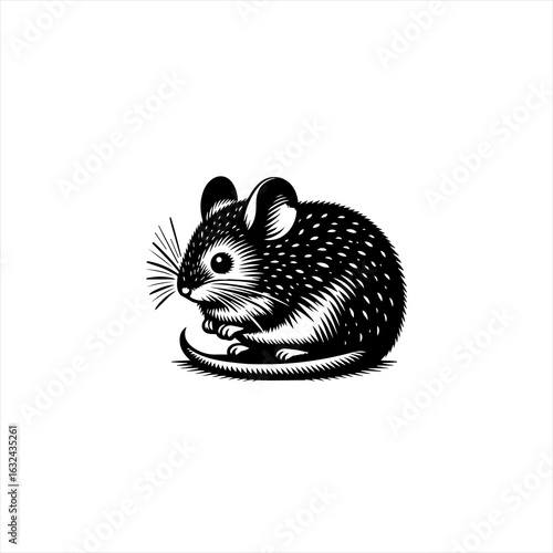 Detailed black and white illustration of a cute mouse