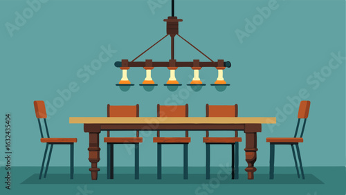An industrial pipe chandelier hanging above a distressed wooden dining table and mismatched chairs.