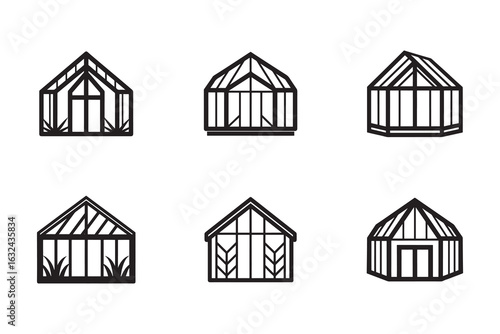 Collection of greenhouse icon illustrations vector graphics showcasing various modern and traditional greenhouse designs perfect for gardening landscaping and architectural projects