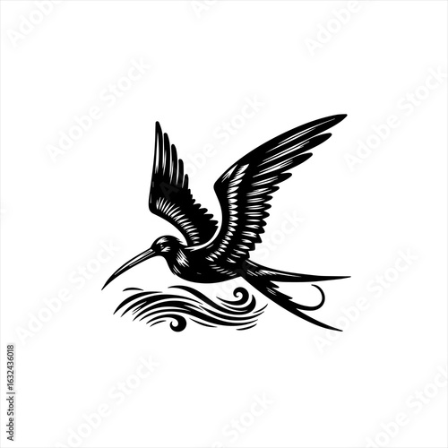 Black and white illustration of a frigatebird soaring over stylized waves