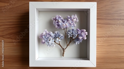 An elegant lilac flower arrangement in a white frame, placed against a wooden background for a timeless and delicate aesthetic.