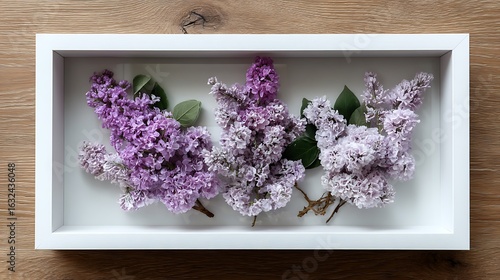 An elegant lilac flower arrangement in a white frame, placed against a wooden background for a timeless and delicate aesthetic.
