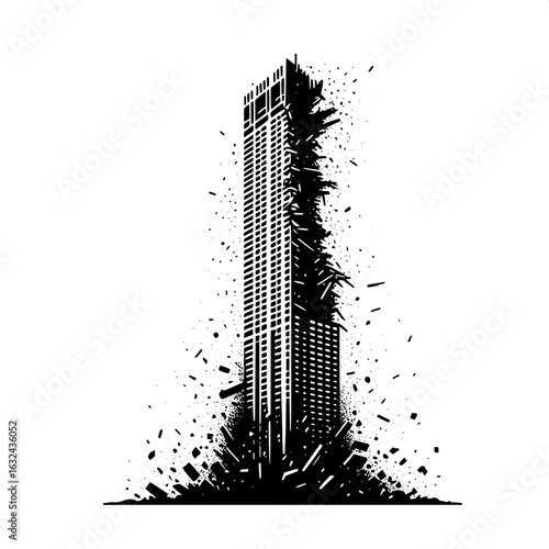 Black and White Vector Silhouette of a Collapsed Skyscraper