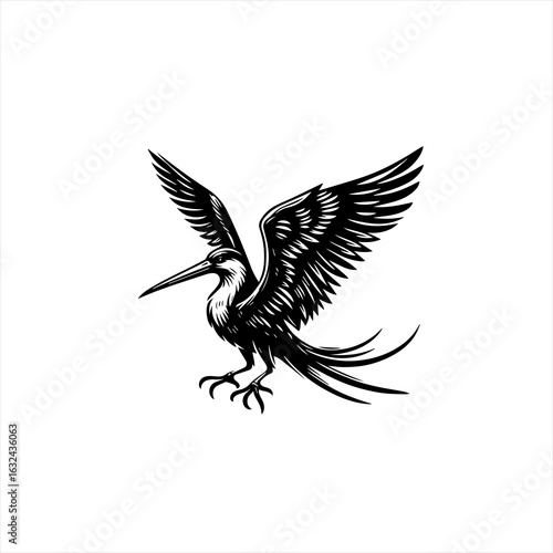 Elegant black and white illustration of a bird in flight