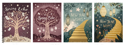 Set of four posters featuring mystical themes with magical trees and enchanting lantern-adorned stairways