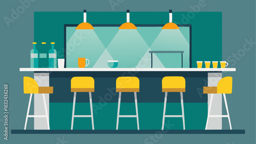 A home bar with colorblocked bar stools featuring shades of teal yellow and grey creating a fun and lively atmosphere for entertaining.