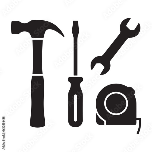Vector art of collection of black silhouette icons representing common hand tools hammer, screwdriver, wrench, and tape measure, isolated on white background